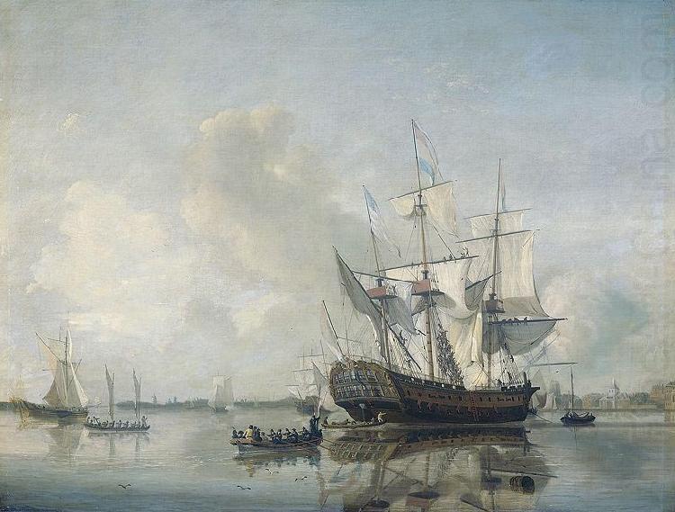 Frigate 'Rotterdam' on the Meuse before Rotterdam, Nicolaas Baur